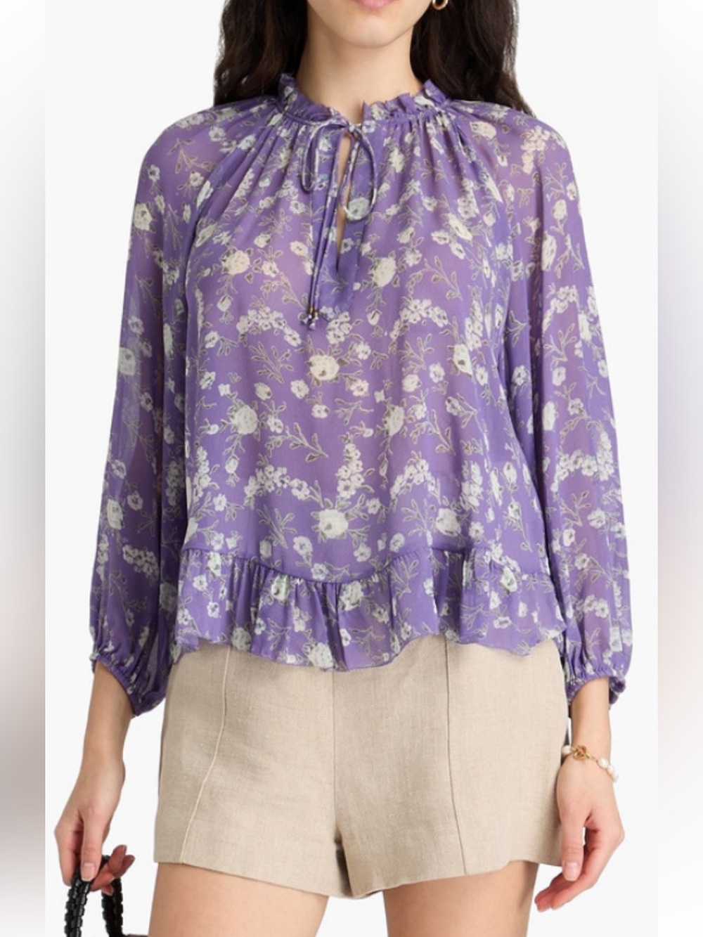 Ulla Johnson Silk Lilac Floral Rosin Tie-Neck Ruffle Blouse- size 6